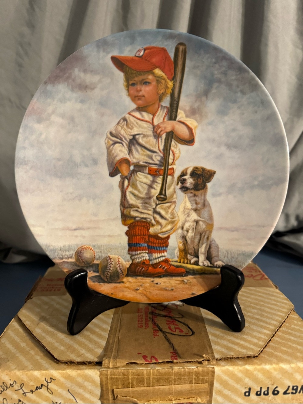 Vintage Baseball Boy Decorative Plate with Puppy - Red, White, Brown